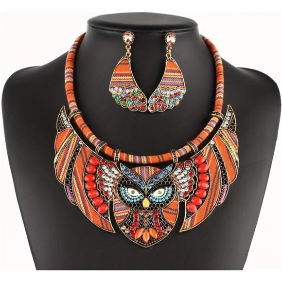 Gold Owl BOHO Jewelry Sets for Women Boho Tribal Retro Statement Choker Necklace - Picture 4 of 6